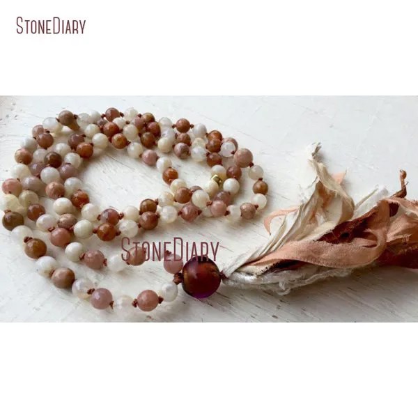 108 Moonstone Mala Beads персиковый лунный камень женская подвеска для медитации богини йоги Jeewlry бисер ожерелье 40 дюймов NM11081