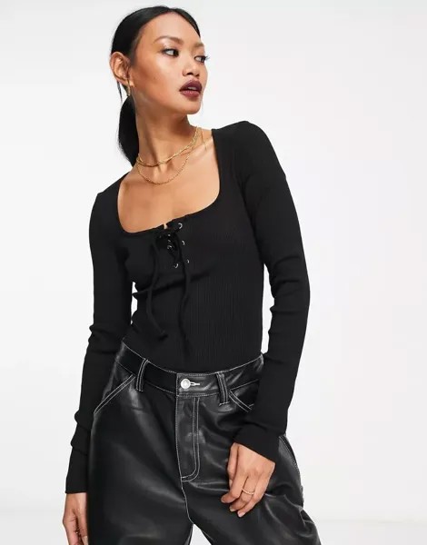 Черное боди с длинными рукавами и шнуровкой спереди ASOS