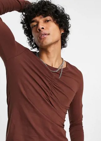 Коричневый лонгслив со сборками ASOS DESIGN-Коричневый цвет