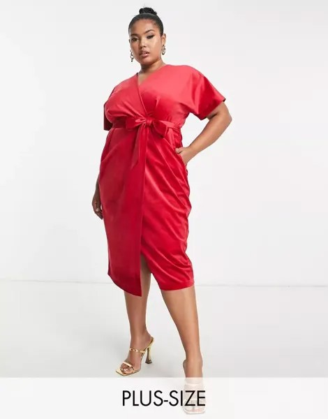 Красное бархатное платье миди с завязками и рукавами-кимоно Closet London