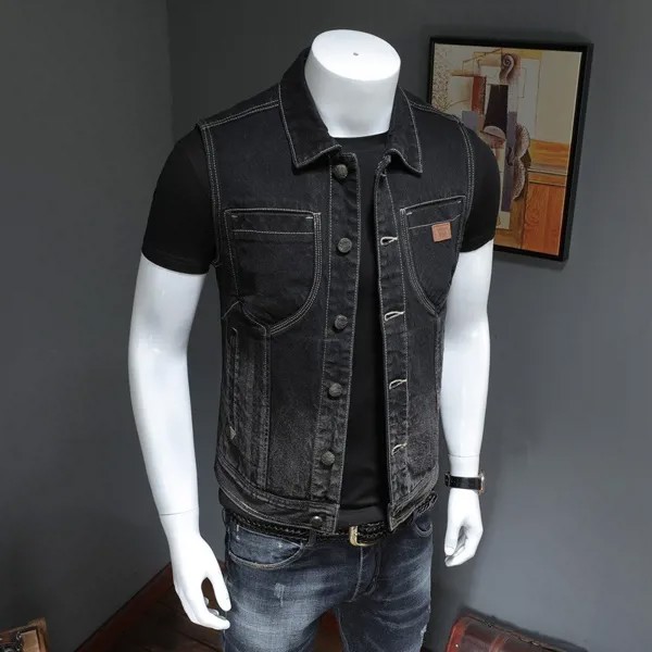 Джинсовая мужская жилетка без рукавов, мотоциклетный черный однобортный винтажный жилет, приталенный силуэт, повседневная верхняя одежда