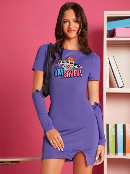 Облегающее платье SHEIN с буквенным и мультяшным рисунком, фиолетовый
