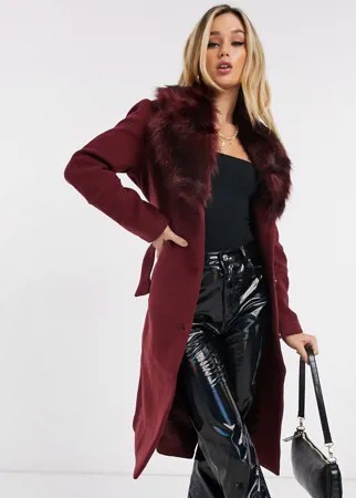 Бордовое пальто с воротником из искусственного меха Ivyrevel-Коричневый