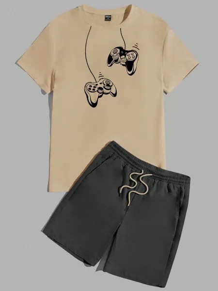 SHEIN Мужская футболка с короткими рукавами и шорты с контроллером для видеоигр, хаки