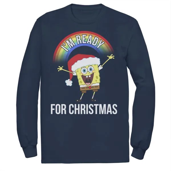 Мужская футболка SpongeBob SquarePants I'm Ready For Christmas с длинными рукавами и цветами радуги Nickelodeon, синий