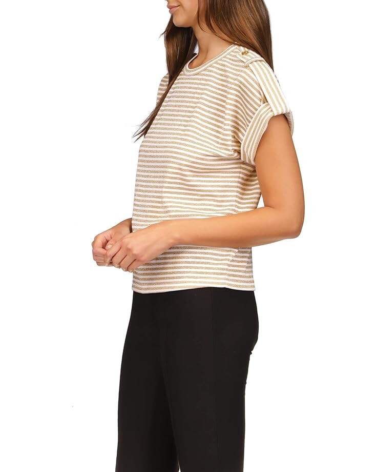 Футболка Michael Kors Stripe Snap Epaulette T-Shirt, цвет White/Gold