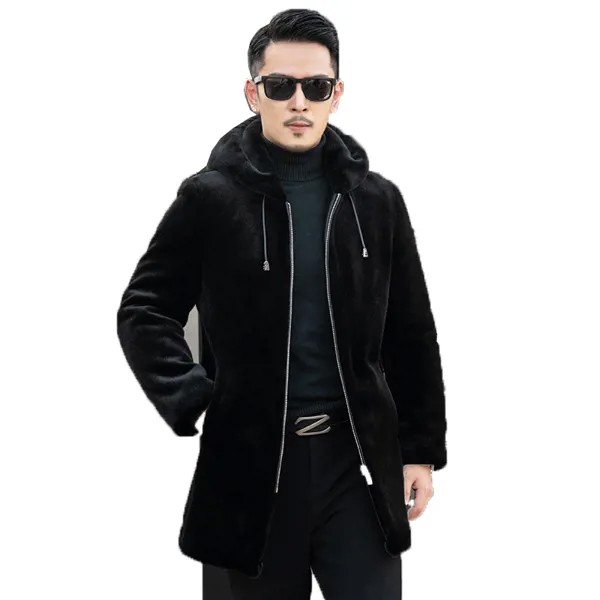 Брендовые мужские пальто с капюшоном, повседневная шуба из меха хорька, средней длины, черная шуба из меха, мужские зимние теплые утепленные...