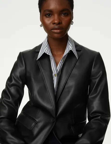 Однобортный пиджак из искусственной кожи Marks & Spencer, черный