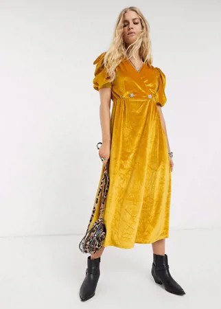 Бархатное платье миди с пышными рукавами и пуговицами со стразами ASOS DESIGN-Желтый
