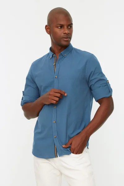 Мужская рубашка с длинным рукавом и воротником на пуговицах индиго с эполетом Trendyol, темно-синий
