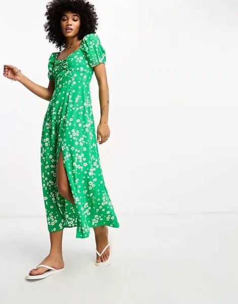 Зеленое платье миди с объемными рукавами и принтом & Other Stories