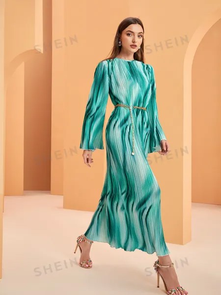 Платье плиссированное Shein с металлизированным поясом и рюшами, зеленый
