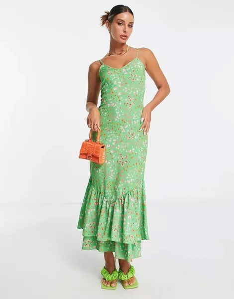 Зеленое платье миди на бретелях с леопардовым принтом Never Fully Dressed