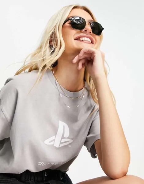 Светло-серая выбеленная футболка в стиле oversized с принтом 