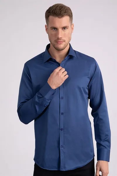 Современная приталенная мужская рубашка цвета индиго из атласа и хлопка TUDORS