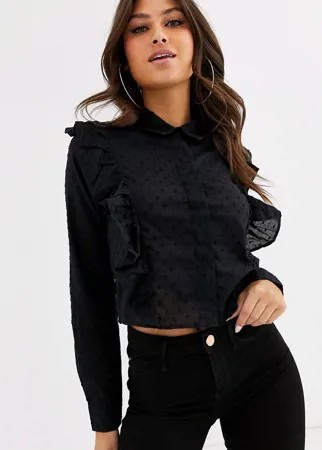 Черная укороченная рубашка в горошек добби с оборкой Missguided-Черный
