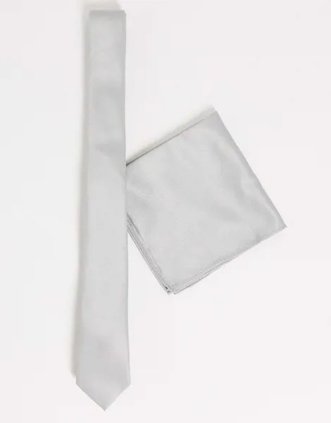 Узкий галстук и платок для нагрудного кармана серебристого цвета ASOS DESIGN-Серый