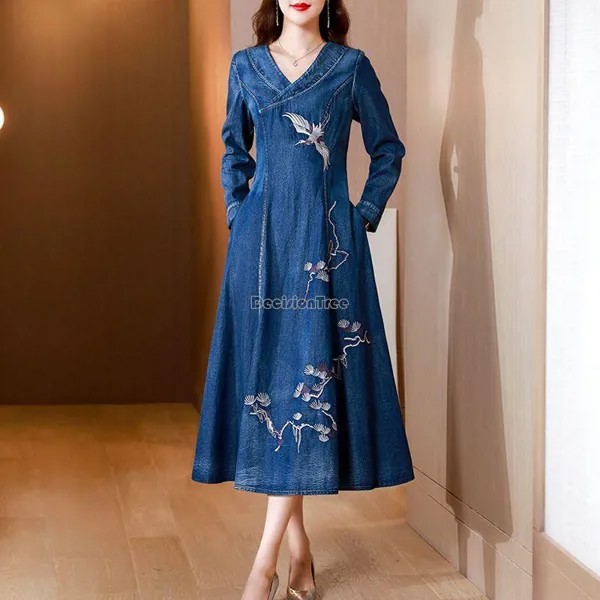 2023 осеннее новое ретро китайское cheongsam улучшенное джинсовое платье с вышивкой женское длинное модное Повседневное платье с длинными рукавами g1006
