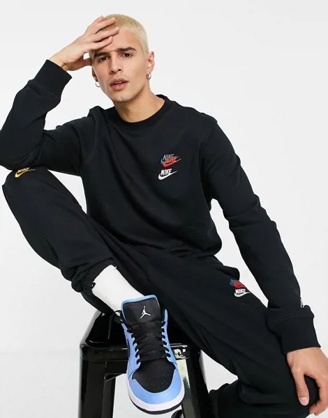 Черный флисовый свитшот с круглым вырезом и разноцветным логотипом Nike Essential-Черный цвет