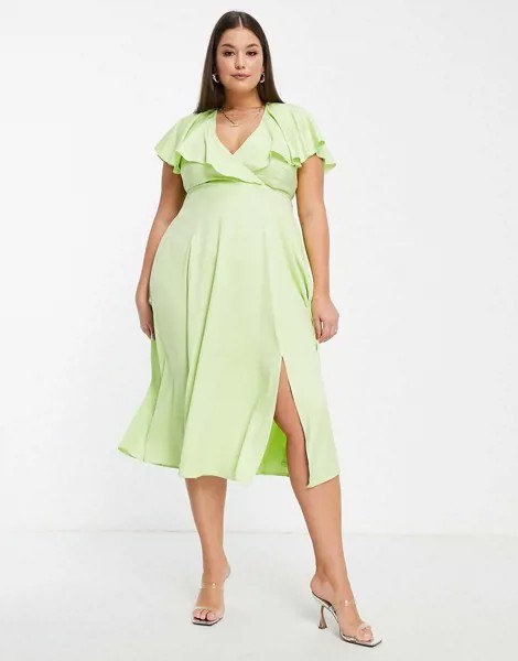 Платье миди салатового цвета с присборенной талией и расклешенными рукавами Closet London Plus-Зеленый цвет
