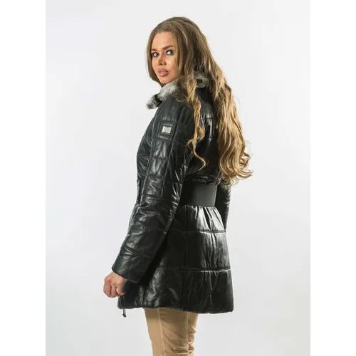 Кожаная куртка  Gallotti, демисезон/зима, силуэт полуприлегающий, утепленная, пояс на резинке, без капюшона, съемный мех, отделка мехом, ветрозащитная, водонепроницаемая, влагоотводящая, карманы, регулируемый край, размер 48, черный