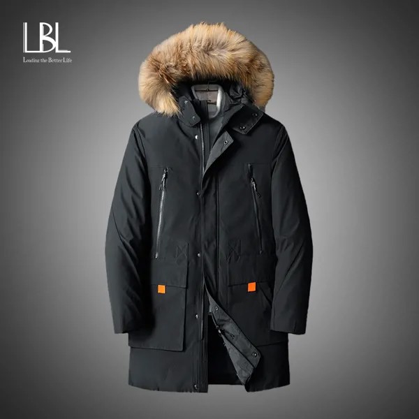 LBL Новая мужская зимняя меховая парка с капюшоном 2022 Мужская Толстая теплая ветрозащитная куртка мужская однотонная куртка с капюшоном и ме...