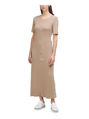 DKNY Женское бежевое платье макси с круглым вырезом из смесового хлопка с рукавами до локтя XS