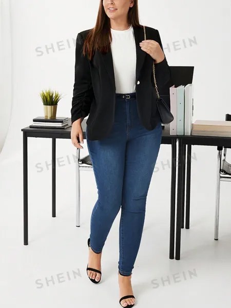 BIZwear Плюс размер воротник-банан, одна пуговица, костюм, пальто Shein, черный