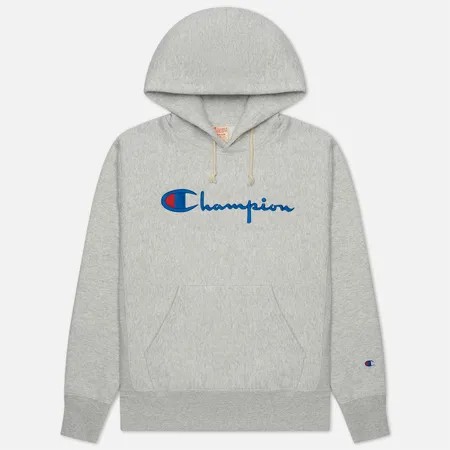 Мужская толстовка Champion Reverse Weave Script Logo Hoodie Custom Fit, цвет серый, размер S