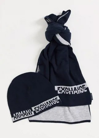 Темно-синий подарочный комплект из шапки-бини и шарфа с логотипом Armani Exchange