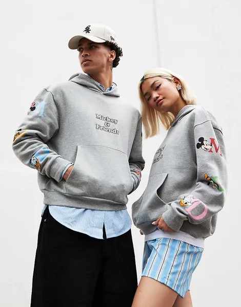 ASOS DESIGN – Disney – Свободная толстовка унисекс серого цвета вереска с принтом на рукавах «Микки Маус и друзья»