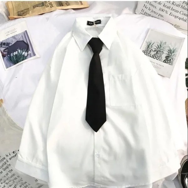 Белые рубашки Женщины с галстуком Японский стиль Preppy Студенты BF Оверсайз Блузка Простая твердая свободная летняя топ