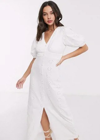 Белое чайное платье макси с вышивкой ришелье и объемными рукавами ASOS DESIGN-Белый