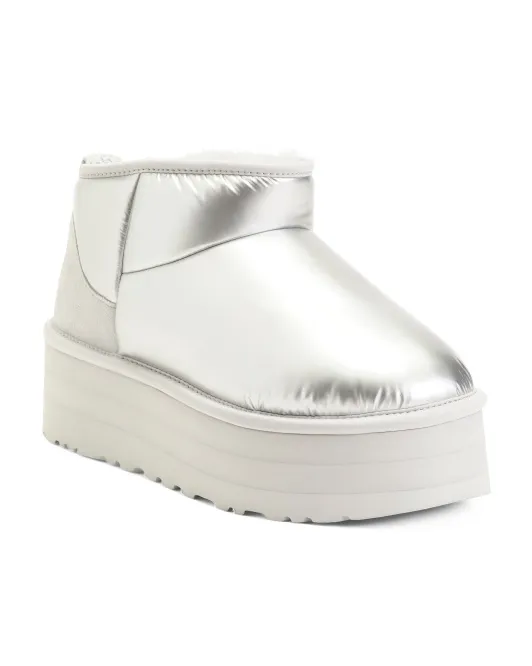 Блестящие ботинки ультра мини на платформе Ugg, цвет Silver