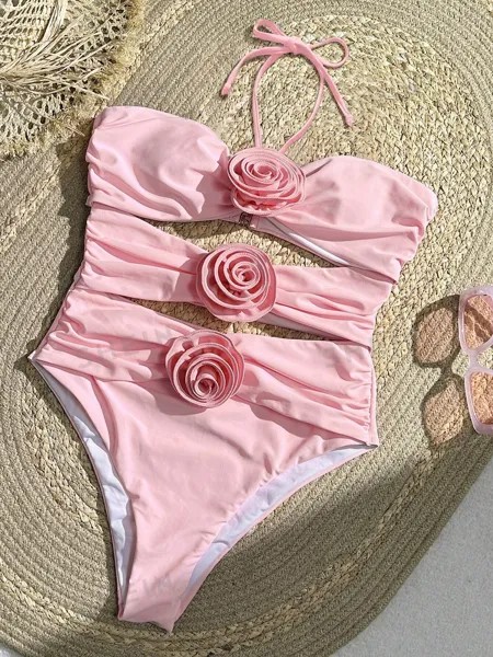 Bikinx сплошной цвет сексуальный ажурный купальник монокини с 3d цветочными деталями и вырезом на шее для женщин, розовый