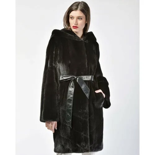 Пальто Manakas Frankfurt, норка, силуэт полуприлегающий, капюшон, пояс/ремень, размер 40, черный