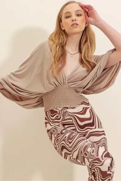 Женская норковая двубортная блузка с воротником, воротником и завязкой на талии, песочная укороченная блузка ALC-X8165 Trend Alaçatı Stili, коричневый