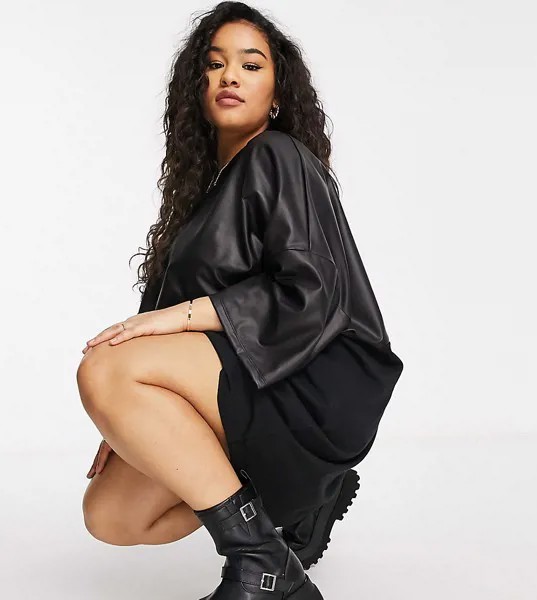 Черное платье-футболка в стиле oversized наполовину из искусственной кожи ASOS DESIGN Curve-Черный цвет