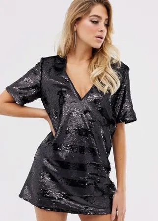 Платье-футболка с пайетками и полосками In The Style-Черный цвет