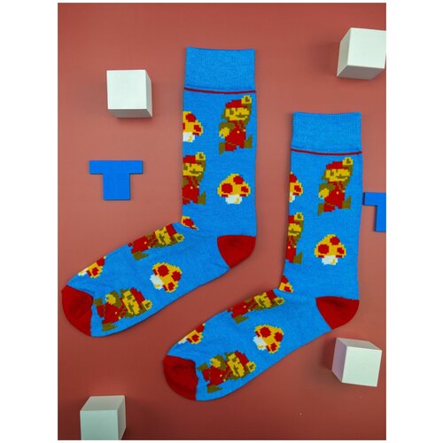Разноцветные носки синие Супер Марио с грибами (р.38-44) / мужские носки / женские носки
