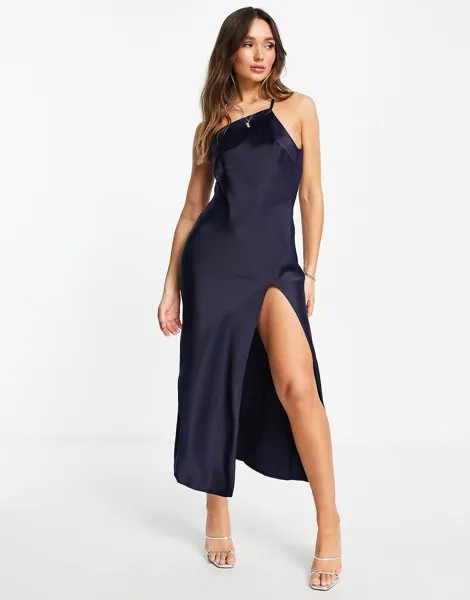 Темно-синее атласное платье мидакси на одно плечо с драпировкой на спине ASOS DESIGN