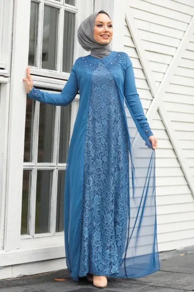 -Кружевное вечернее платье цвета индиго, Hijab 20803im
