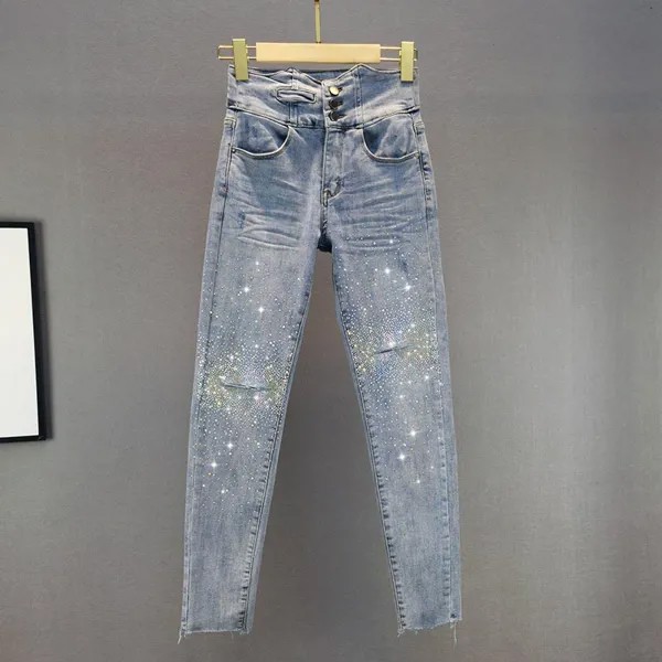 Женские джинсы-карандаш, с высокой талией, обшитые бисером, Осенние винтажные, 2021