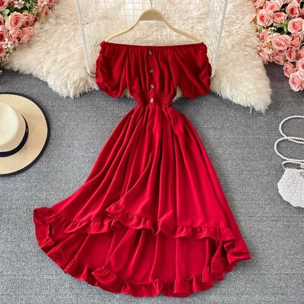 Сплошное красное летнее женское платье с плеча оболочка корейские повседневные платья для женщин плиссированные рукава длинные слоеные вестидос 2021