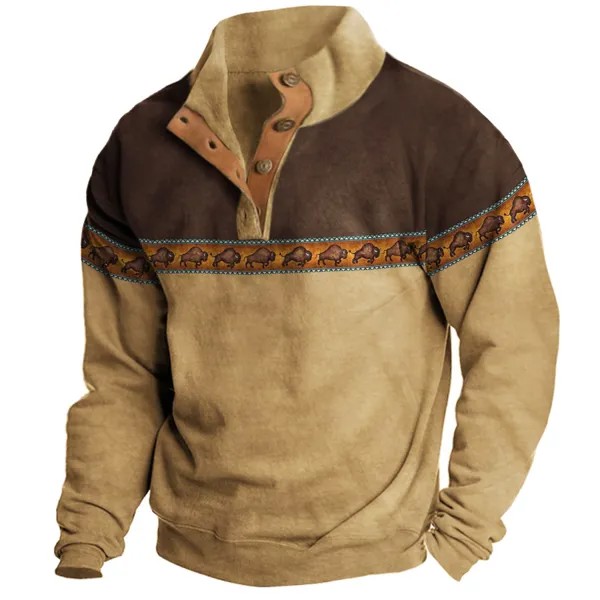 Мужской уличный пуловер с воротником-стойкой и контрастным принтом в стиле вестерн и этническим принтом
