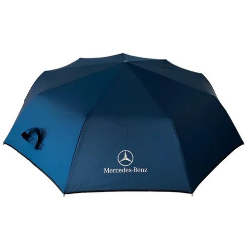 Зонт Mercedes-Benz, автомат, 3 сложения, купол 100 см., 9 спиц, ручка натуральная кожа, чехол в комплекте, синий