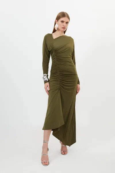 Платье макси из крепа из джерси со сборками и длинными рукавами Karen Millen, хаки