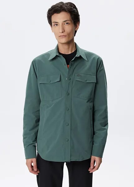 Зеленое мужское пальто с воротником рубашки Lacoste