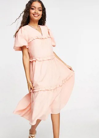Ярусное креповое платье миди персикового цвета с рукавами-фонариками Y.A.S Petite-Розовый цвет