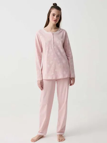 Длинная хлопковая пижама с кружевной окантовкой Ovs, цвет light pink